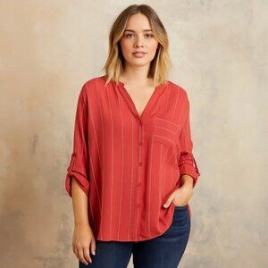 NWT Simply Emma Women's 2XL Rust Striped Roll Tab Sleeve Button Up Tunic Top